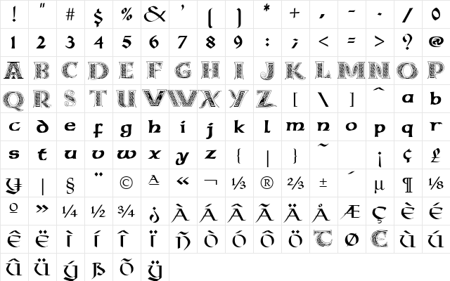Celticmd Decorative w Drop Caps  glyph index