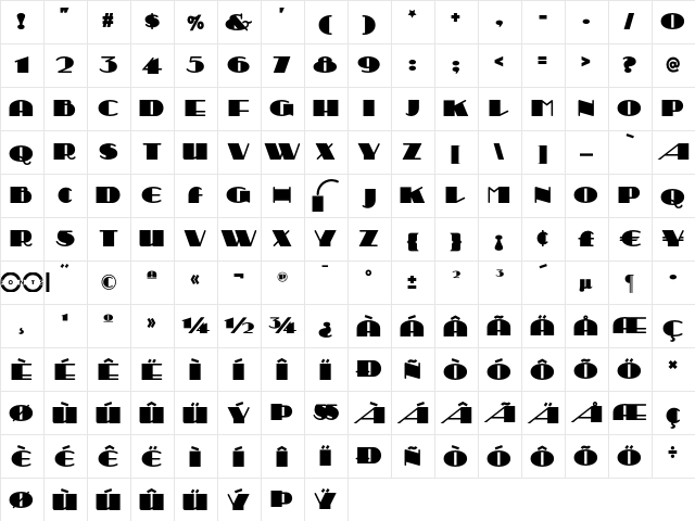 Sesquipedalian NF Regular  glyph index