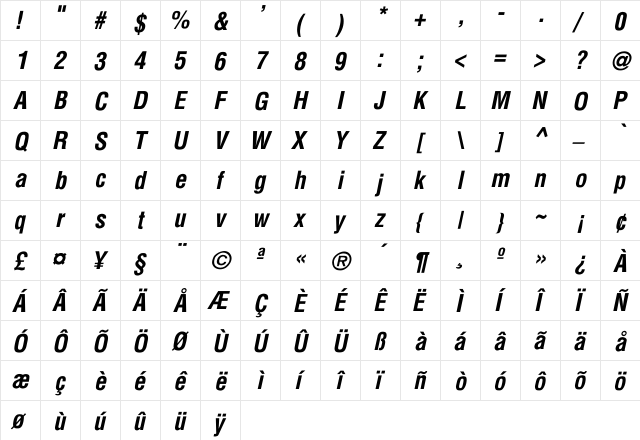 Holland Conden Bold Italic Bold Italic  glyph index