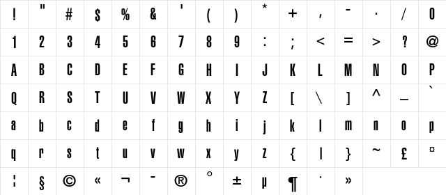 HeliosUltraCompressedC Regular  glyph index
