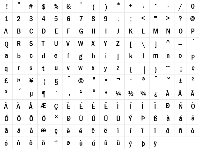 ITCFranklinGothic LT MedCn Regular  glyph index