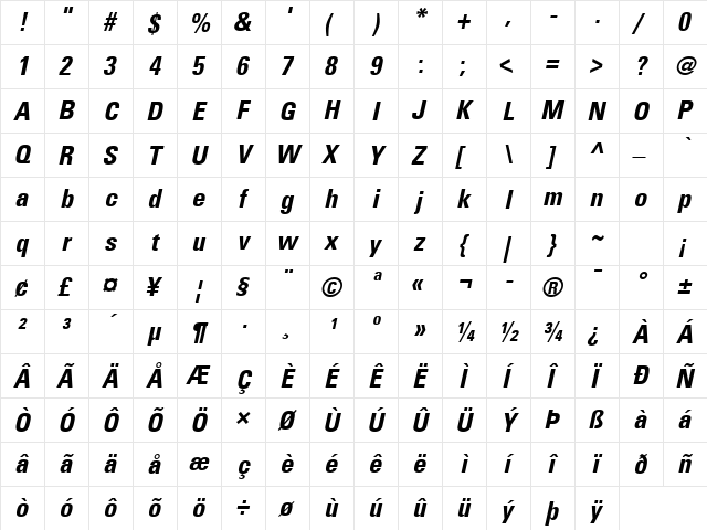 Univers 57 Condensed Bold Oblique  glyph index