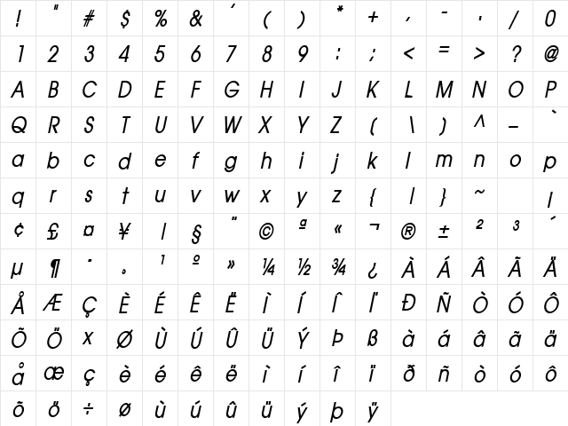 Atilla Condensed BoldItalic  glyph index