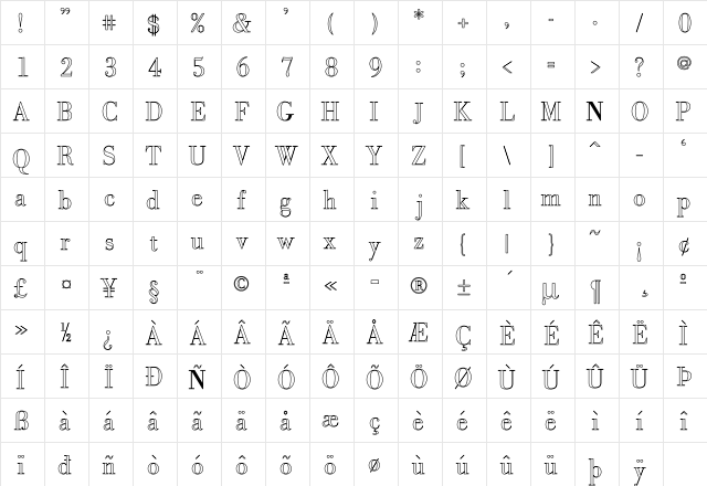 Santee Ho Regular  glyph index