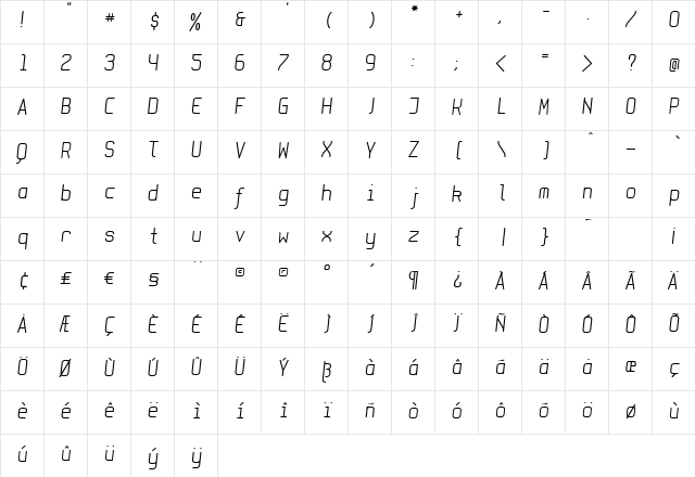 MonoItalic Regular  glyph index