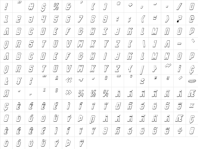 Anitlles 3D Italic Italic  glyph index