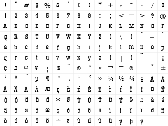 StagecoachExtended Regular  glyph index