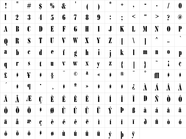 BodoniFB BoldCompressed  glyph index