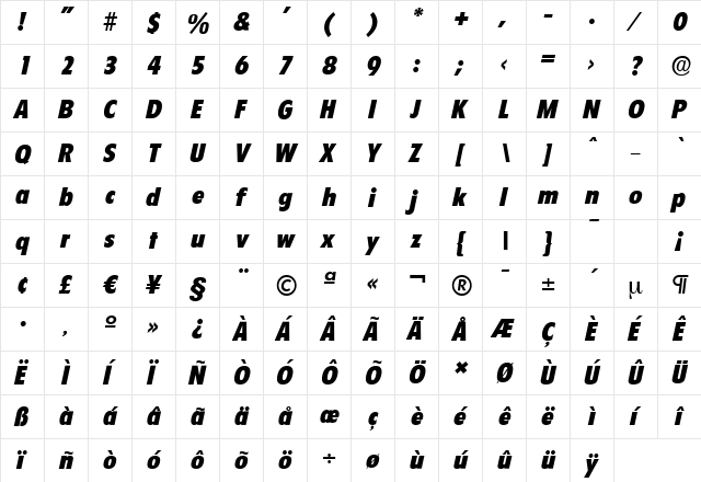 FloridaSerial-Heavy Italic  glyph index