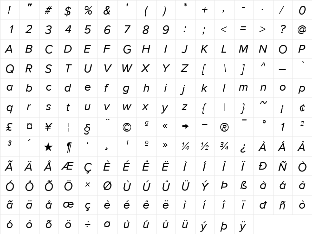ProximaSansOblique Regular  glyph index