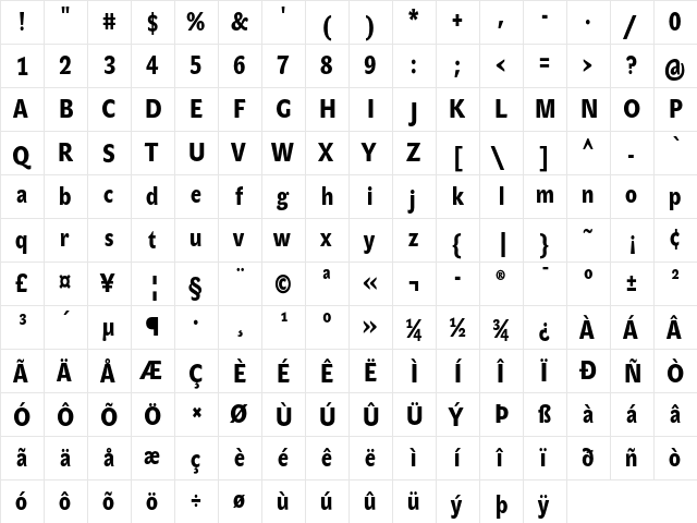 JohnSansCond Heavy Pro Regular  glyph index