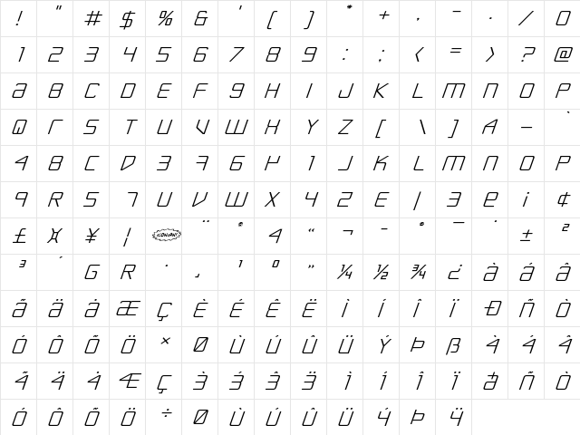 Escape Artist Expanded Italic Expanded Italic  glyph index