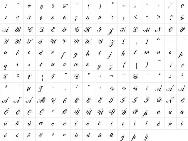 Commercial Script D Regular  glyph index