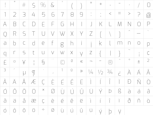 Exo Thin  glyph index