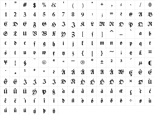 Zentenar Fraktur UNZ1L Bold Italic  glyph index
