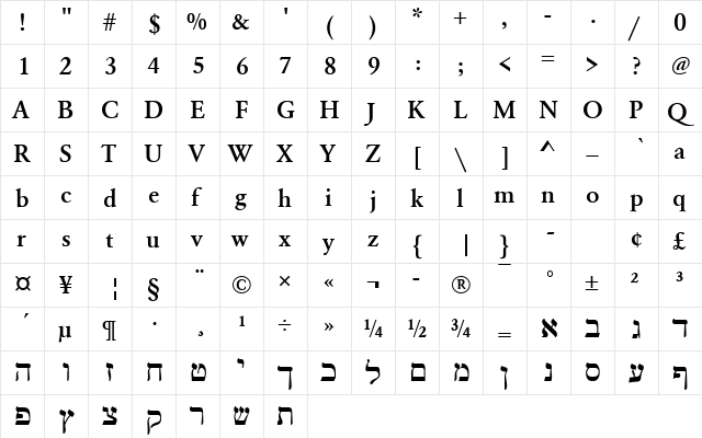 HehenHebTBol Regular  glyph index
