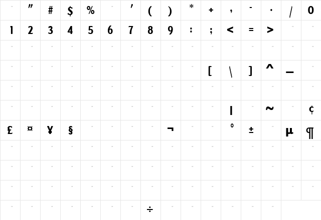 DundeeExtraBoldCondTab Regular  glyph index
