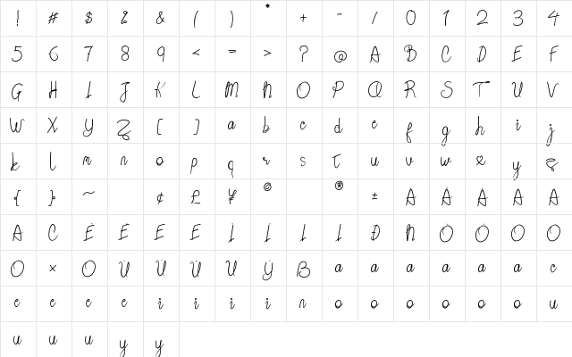 Berather Regular  glyph index