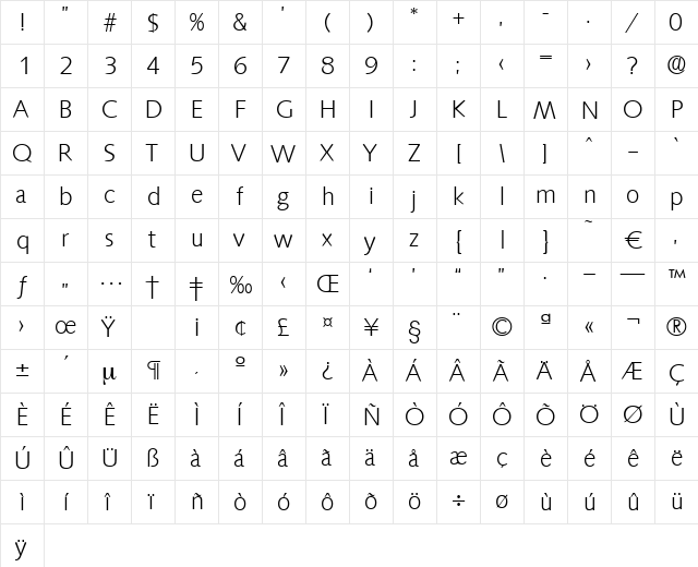 Saxony-Light Regular  glyph index