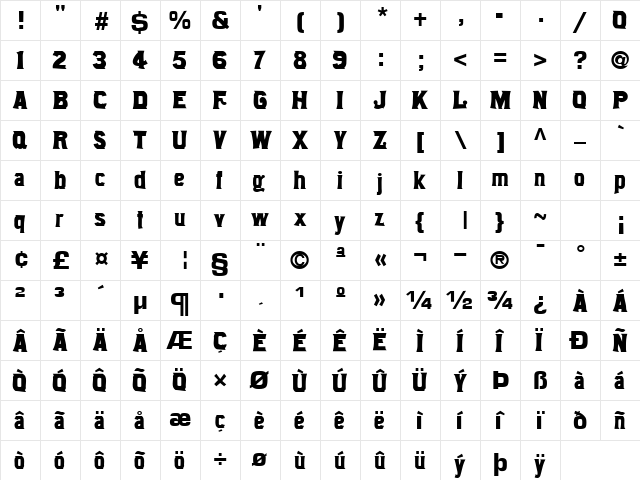 Jackson Bold  glyph index