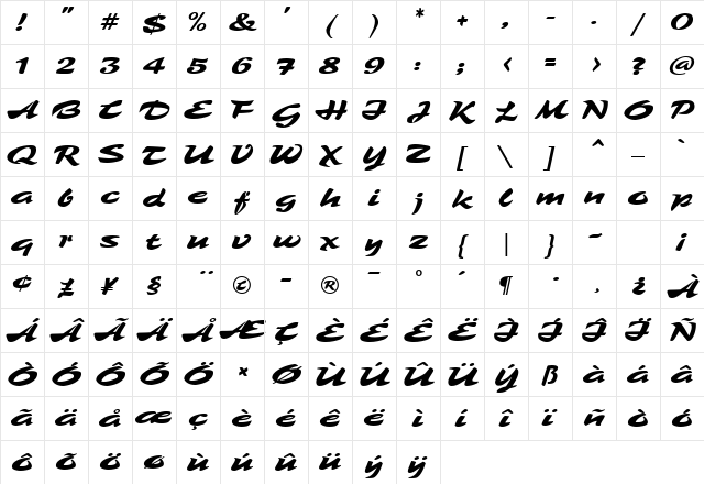 Tambo Script MF Regular  glyph index