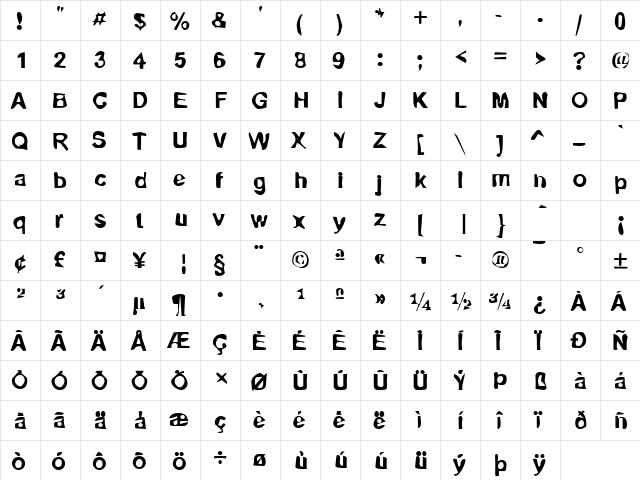 Dirty01 Becker Regular  glyph index