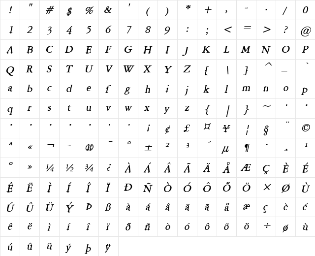 Amery-Condensed Bold Italic  glyph index