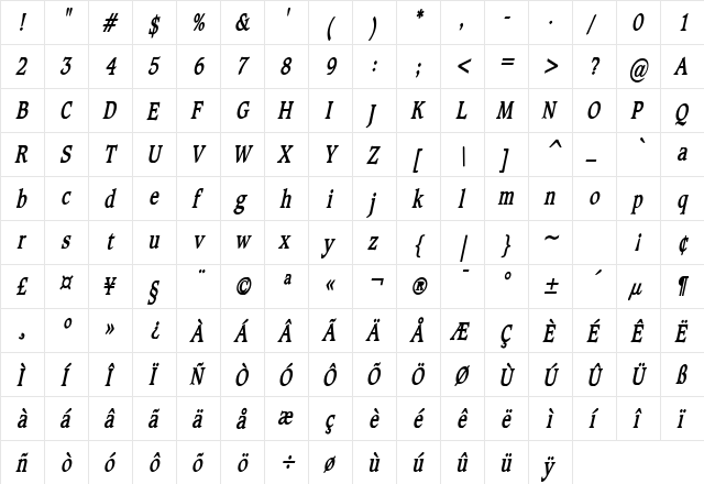 Clayton Thin Bold Italic  glyph index