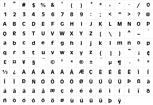 Vineland-Bold Regular  glyph index