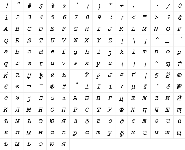 ER Kurier 1251 Italic  glyph index