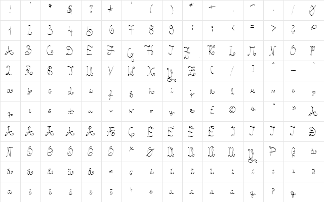 Skrivande Regular  glyph index