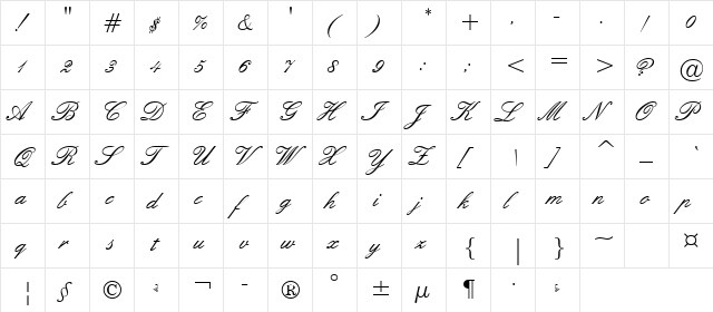 English Script Regular  glyph index