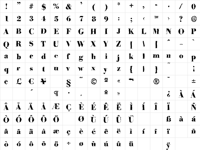 BodoniRandom-Xbold Regular  glyph index