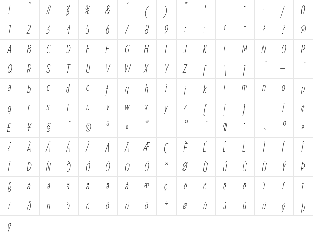 Verlag Compressed Extra Light Italic  glyph index