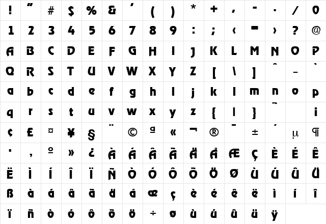 Ragtime-Serial-ExtraBold Regular  glyph index