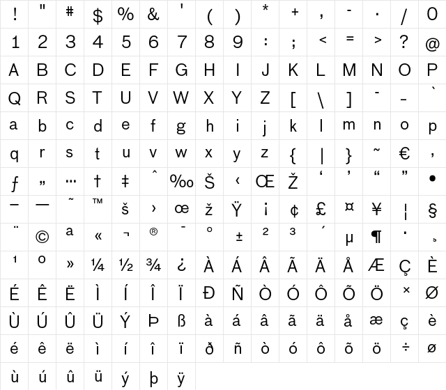 BauTF-Regular Regular  glyph index