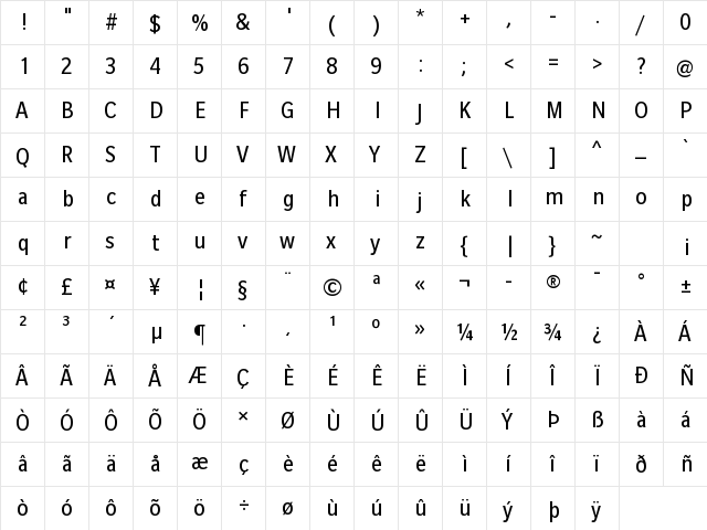 Slate Pro Condensed Regular  glyph index