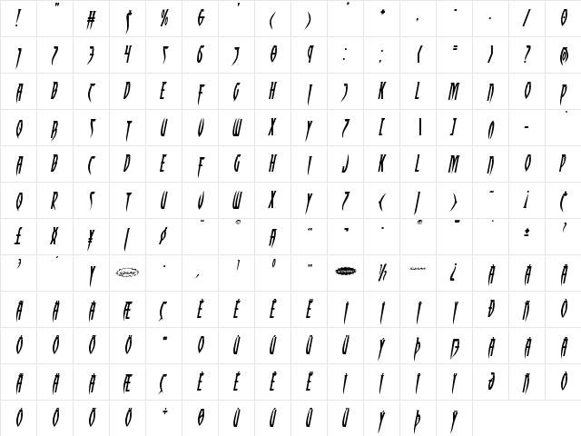 Inhumanity Expanded Italic Expanded Italic  glyph index
