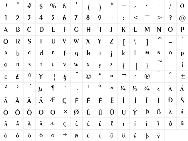 Exotica Regular  glyph index