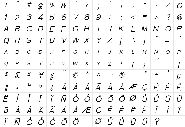 Cobalt Condensed Italic  glyph index