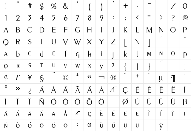 Piano Regular  glyph index