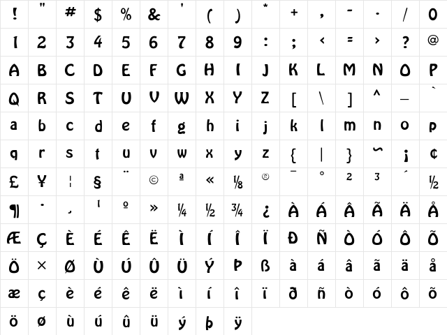 HarlequinFLF Regular  glyph index
