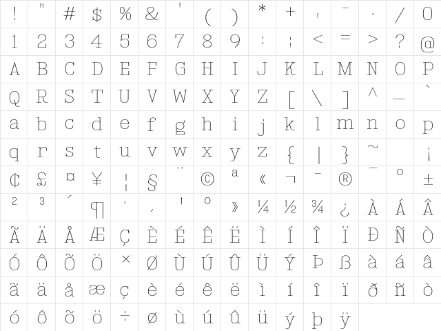 Kingsbridge UltraLight  glyph index