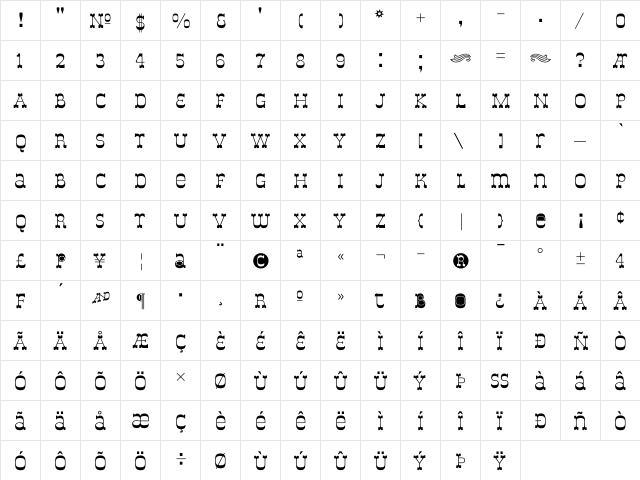 DeLouisville Regular  glyph index