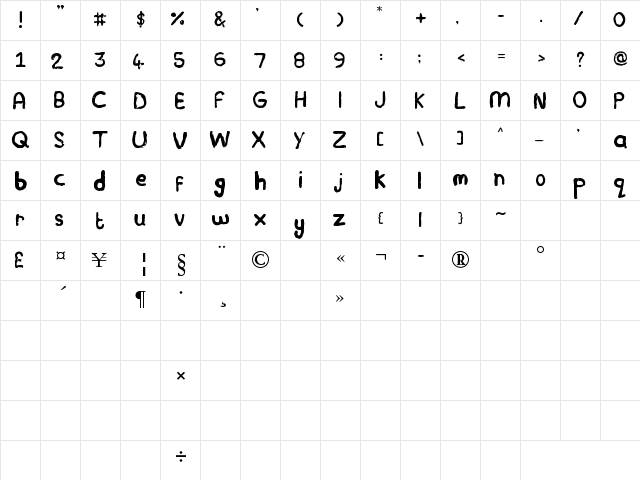 Plasticine Regular  glyph index