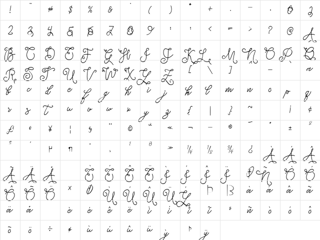 Tallahatse Regular  glyph index