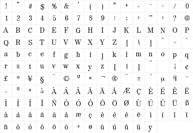 Valencia-Serial Regular  glyph index
