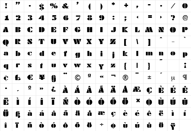 DekoBlackExtendedSerial Regular  glyph index