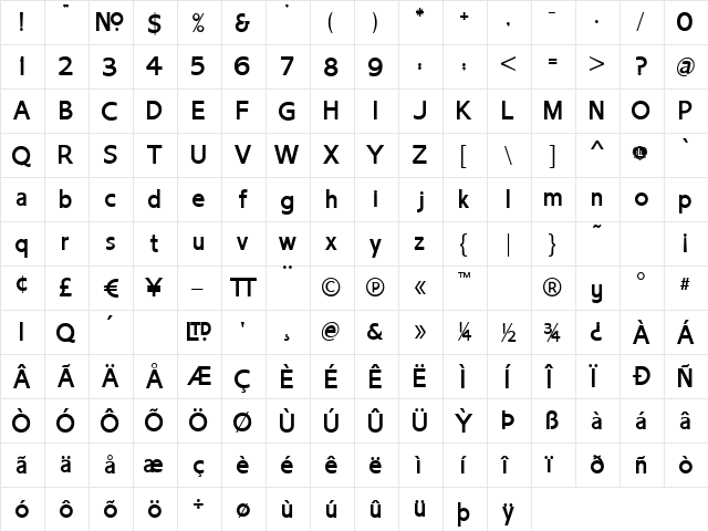 LHF Chesham Sans SLIM Regular  glyph index