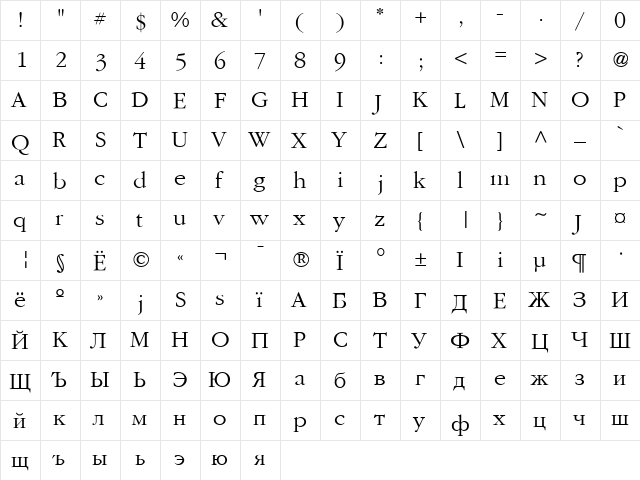 Garamond-Roman Light  glyph index
